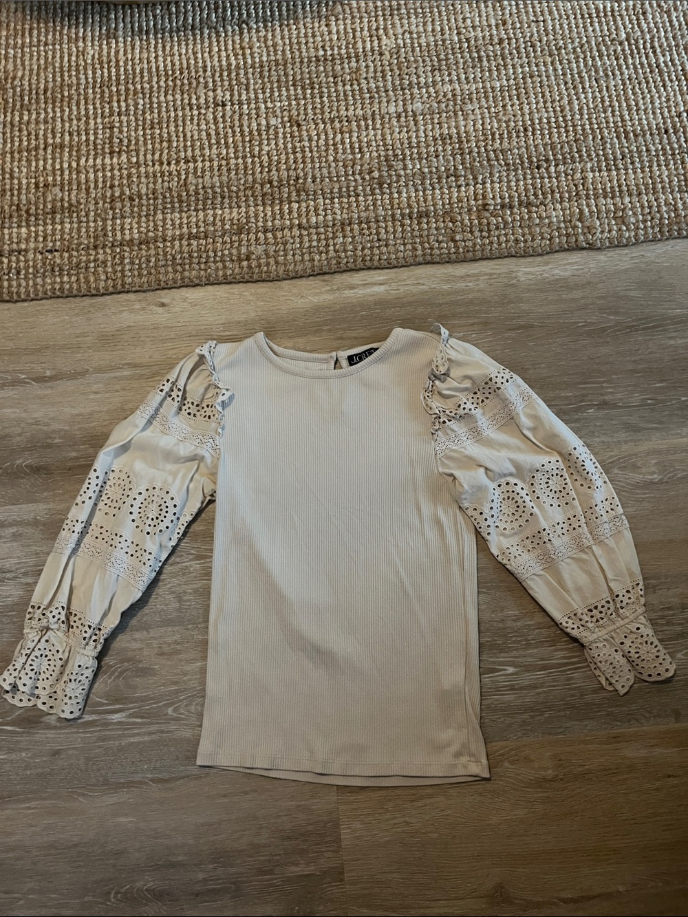 J. Crew Off-White Ribbed Top with Eyelet Puff Sleeves